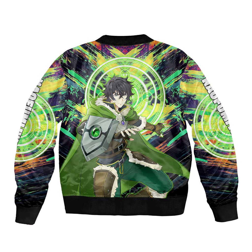 Naofumi The Rising of the Shield Hero Sleeve Zip Bomber Jacket with Dynamic Combat Pose and Energy Circles - The Mazicc