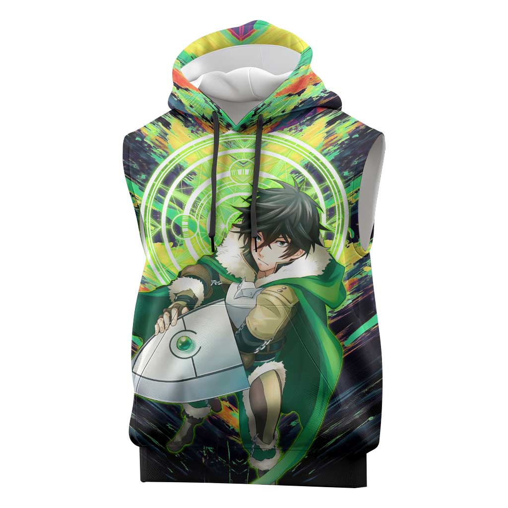 Naofumi The Rising of the Shield Hero Sleeveless Hoodie with Dynamic Combat Pose and Energy Circles - The Mazicc