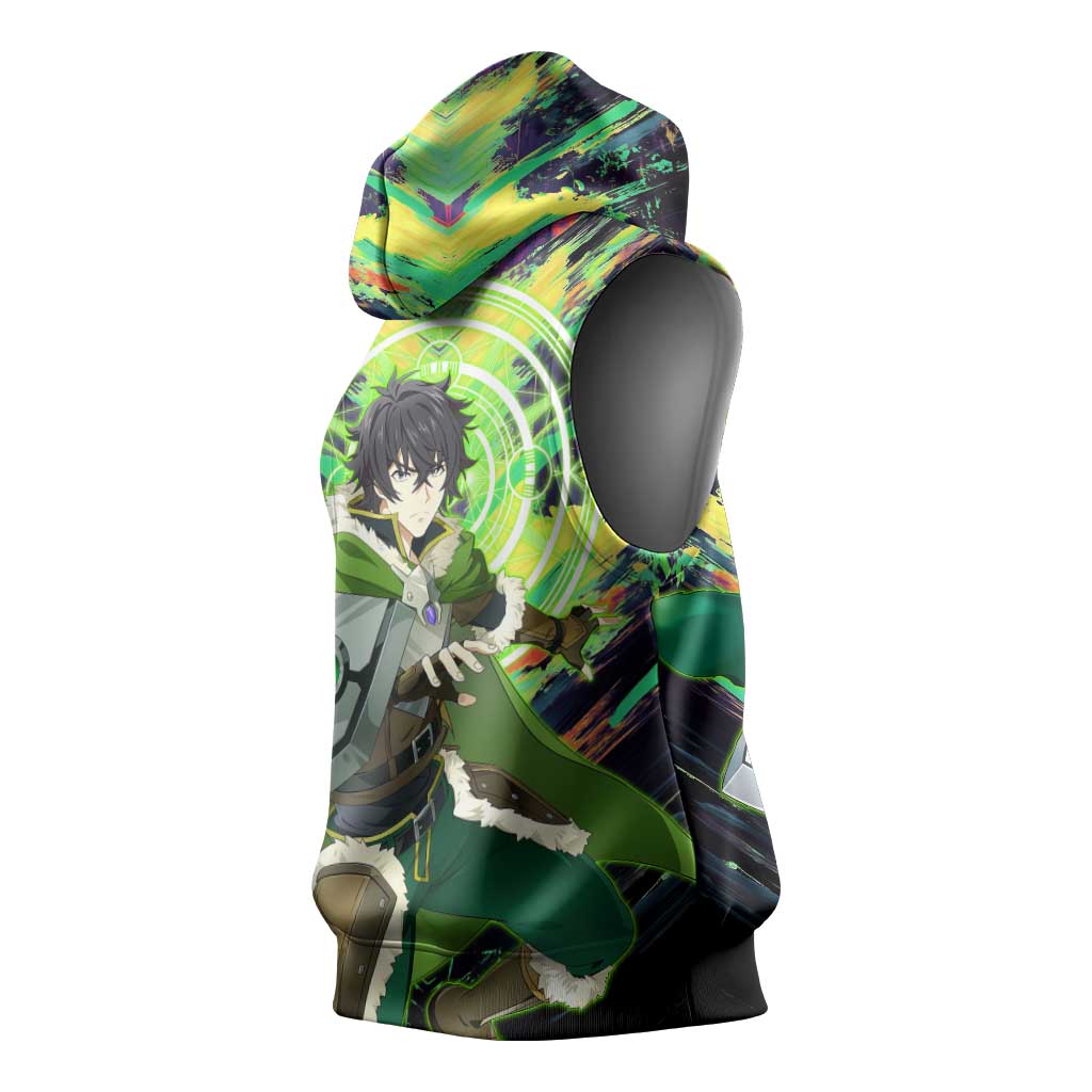 Naofumi The Rising of the Shield Hero Sleeveless Hoodie with Dynamic Combat Pose and Energy Circles - The Mazicc