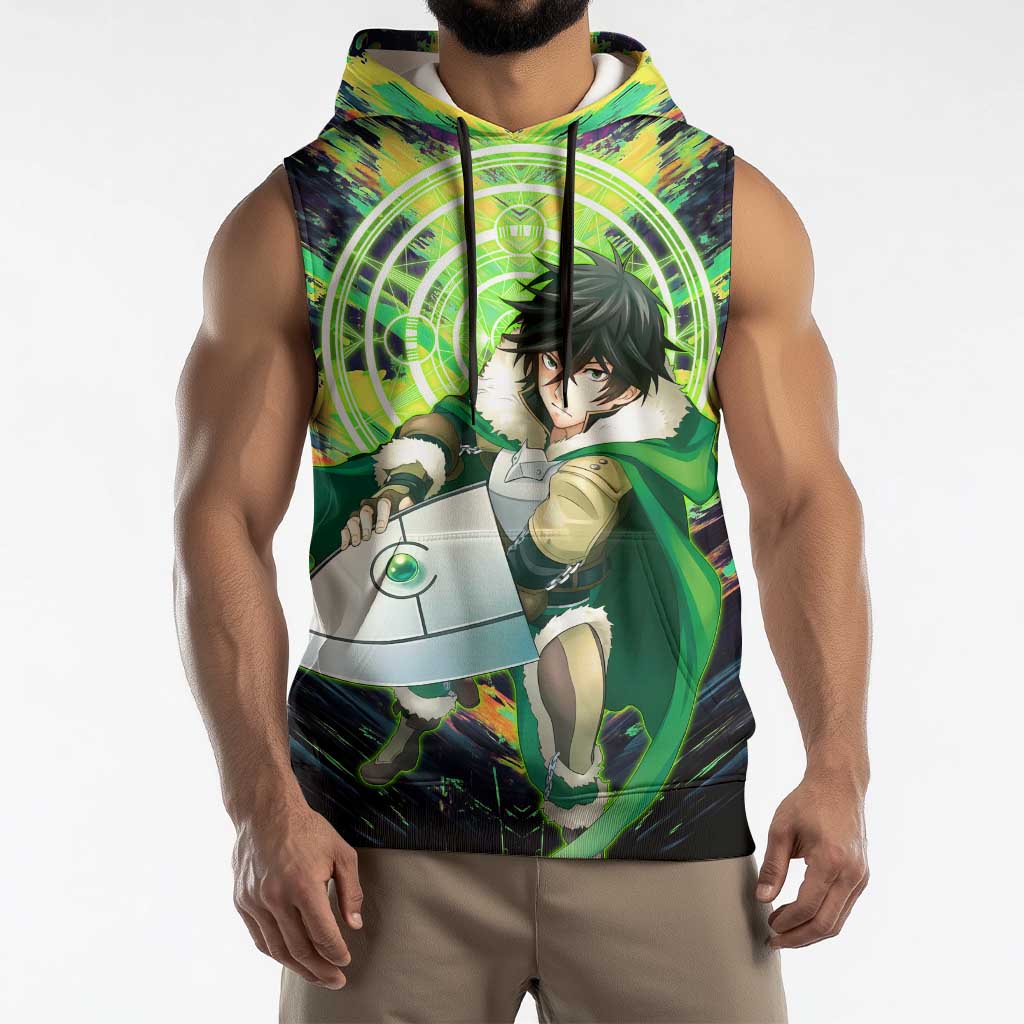 Naofumi The Rising of the Shield Hero Sleeveless Hoodie with Dynamic Combat Pose and Energy Circles - The Mazicc