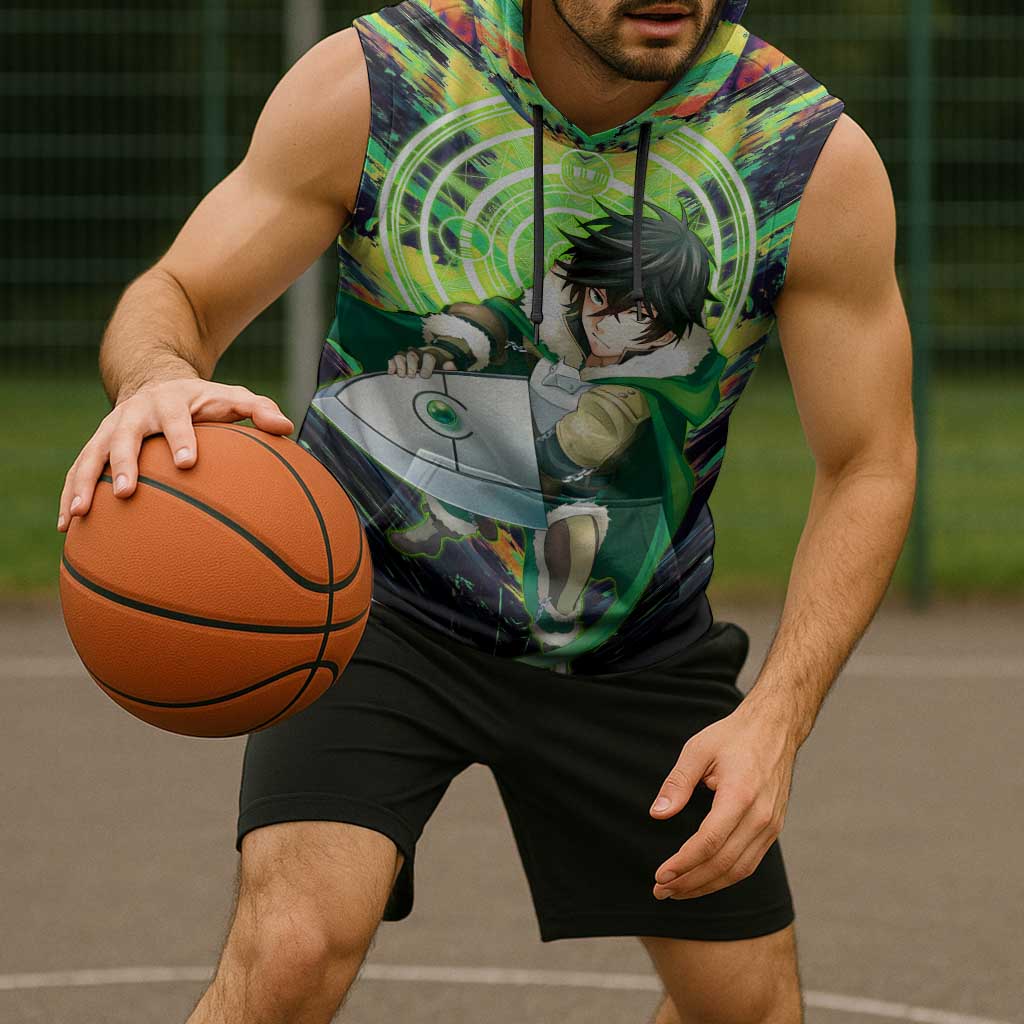 Naofumi The Rising of the Shield Hero Sleeveless Hoodie with Dynamic Combat Pose and Energy Circles - The Mazicc