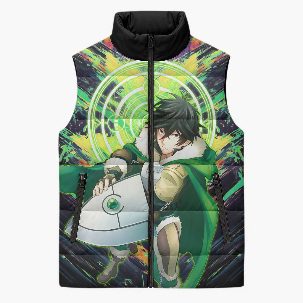 Naofumi The Rising of the Shield Hero Sleeveless Puffer Jacket with Dynamic Combat Pose and Energy Circles - The Mazicc