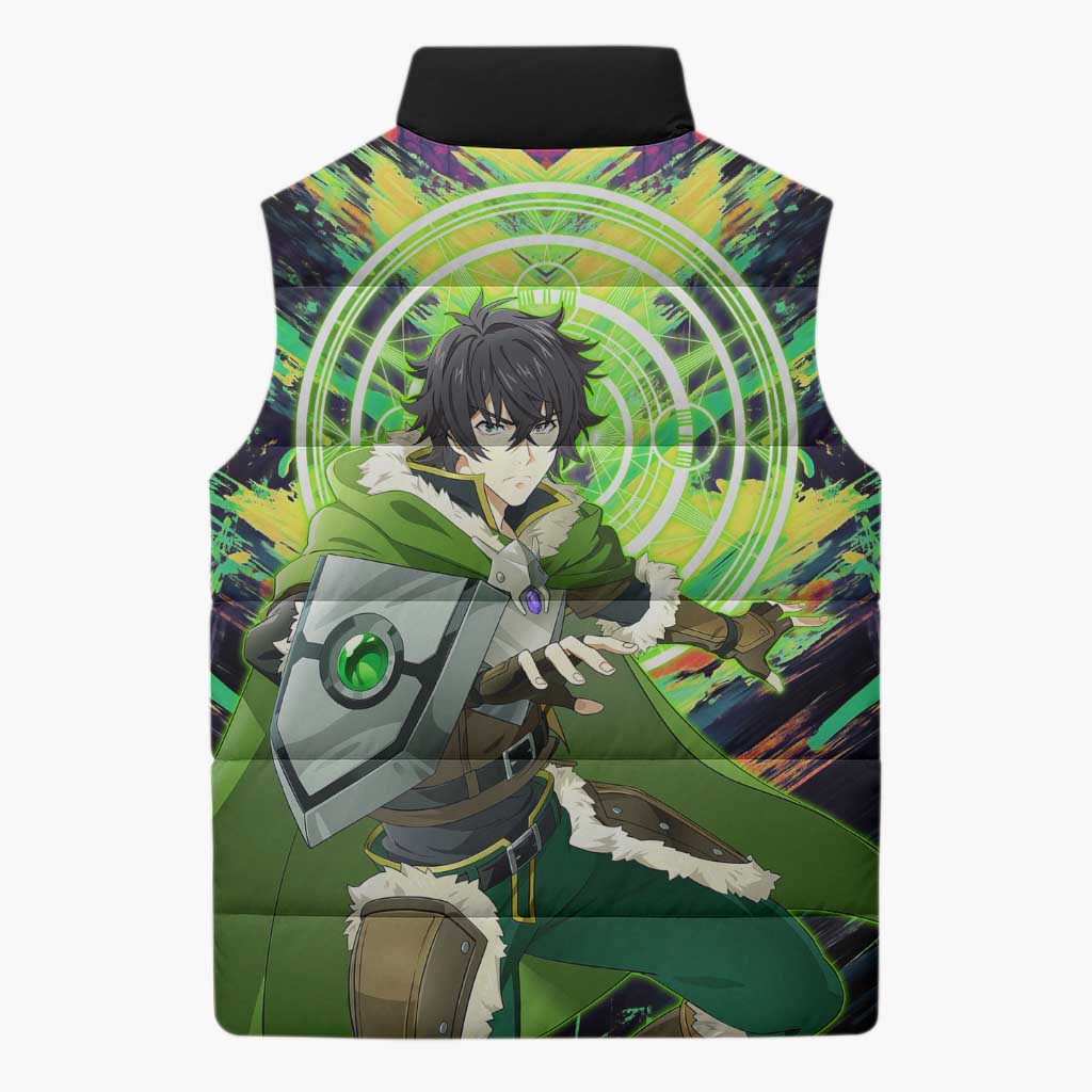 Naofumi The Rising of the Shield Hero Sleeveless Puffer Jacket with Dynamic Combat Pose and Energy Circles - The Mazicc
