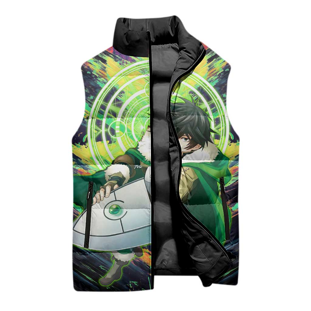 Naofumi The Rising of the Shield Hero Sleeveless Puffer Jacket with Dynamic Combat Pose and Energy Circles - The Mazicc