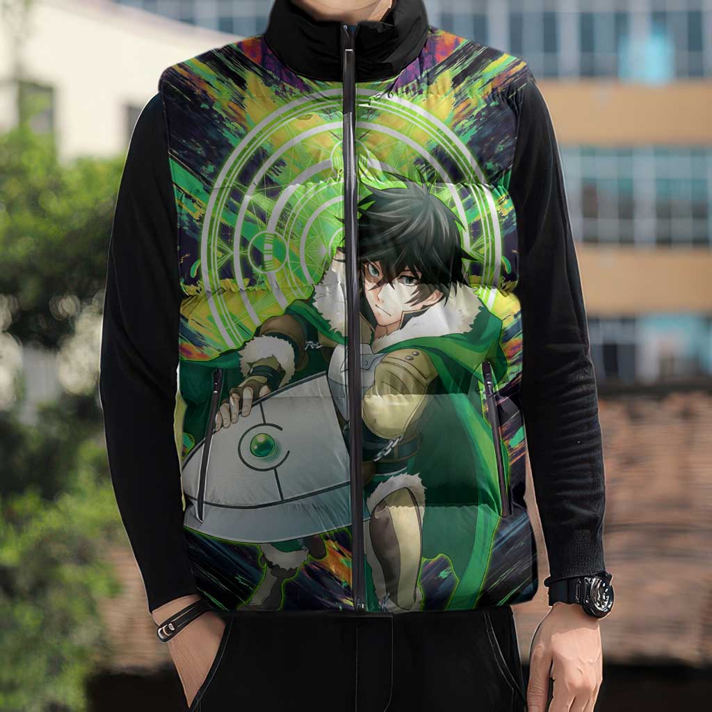 Naofumi The Rising of the Shield Hero Sleeveless Puffer Jacket with Dynamic Combat Pose and Energy Circles - The Mazicc