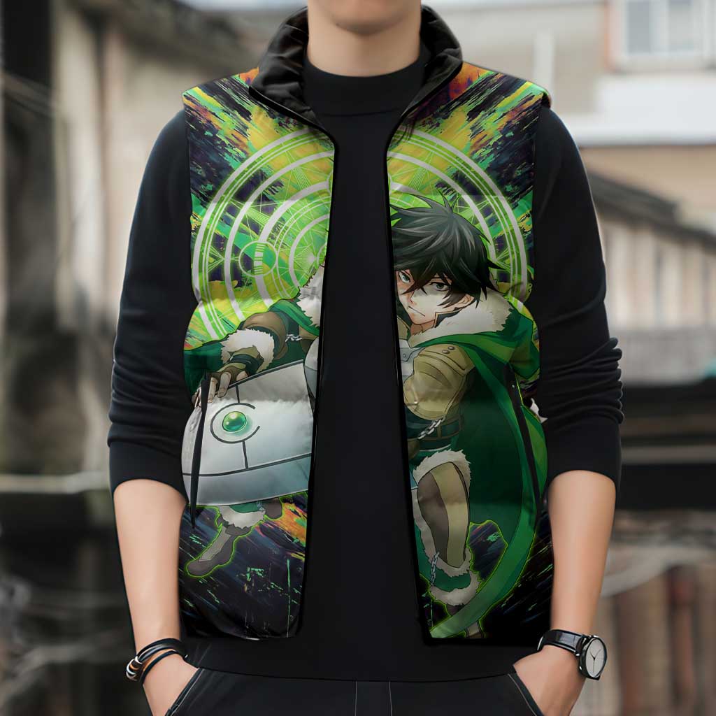 Naofumi The Rising of the Shield Hero Sleeveless Puffer Jacket with Dynamic Combat Pose and Energy Circles - The Mazicc