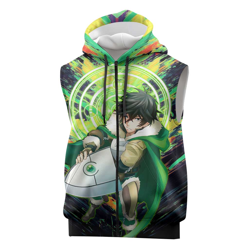 Naofumi The Rising of the Shield Hero Sleeveless Zip Hoodie with Dynamic Combat Pose and Energy Circles - The Mazicc