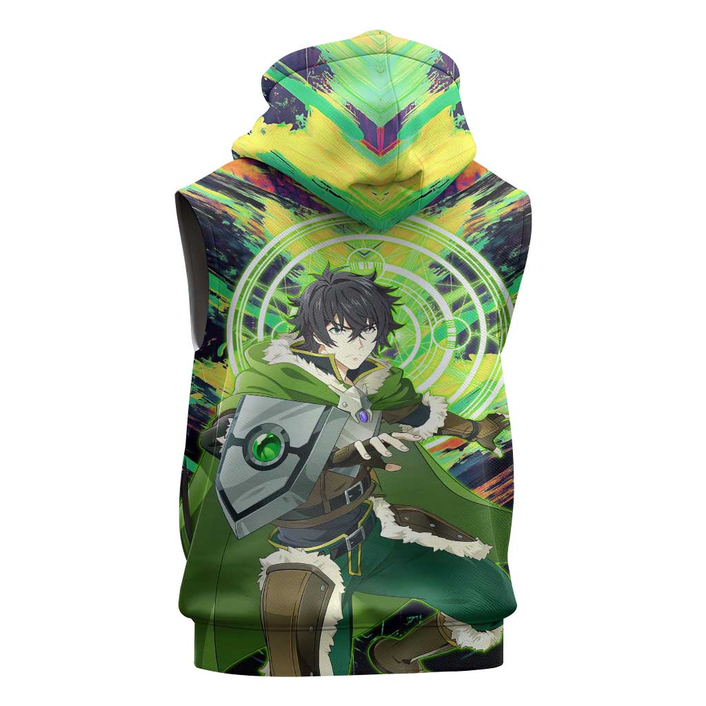 Naofumi The Rising of the Shield Hero Sleeveless Zip Hoodie with Dynamic Combat Pose and Energy Circles - The Mazicc