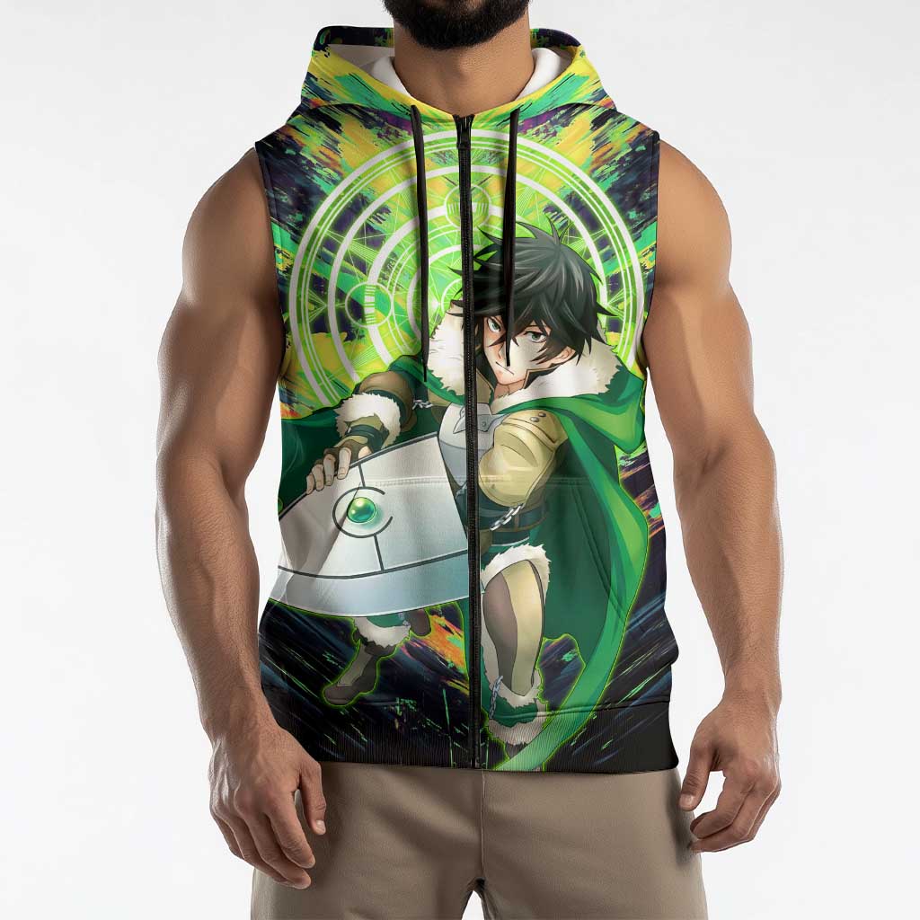 Naofumi The Rising of the Shield Hero Sleeveless Zip Hoodie with Dynamic Combat Pose and Energy Circles - The Mazicc