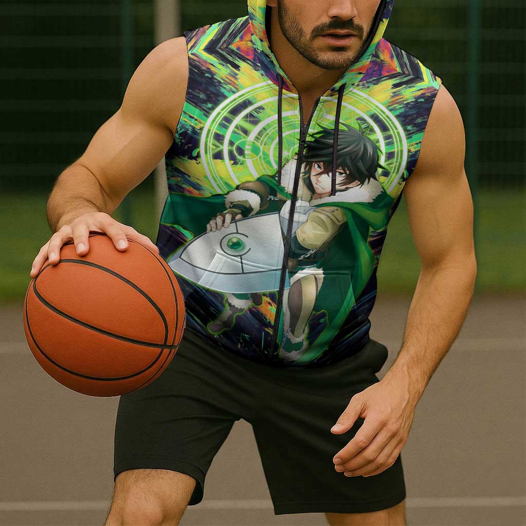 Naofumi The Rising of the Shield Hero Sleeveless Zip Hoodie with Dynamic Combat Pose and Energy Circles - The Mazicc