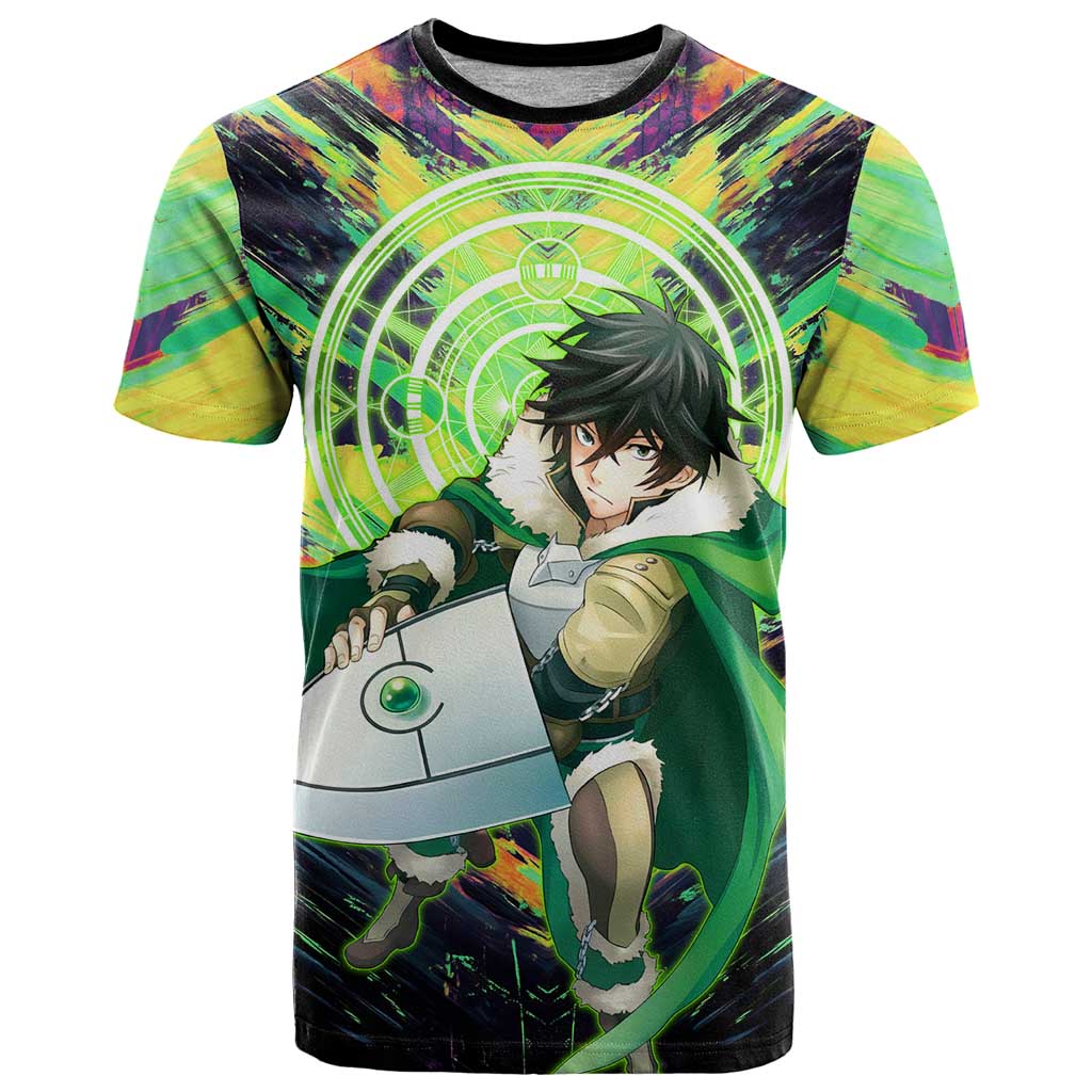 Naofumi The Rising of the Shield Hero T Shirt with Dynamic Combat Pose and Energy Circles - The Mazicc
