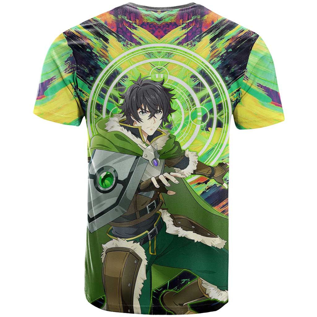 Naofumi The Rising of the Shield Hero T Shirt with Dynamic Combat Pose and Energy Circles - The Mazicc