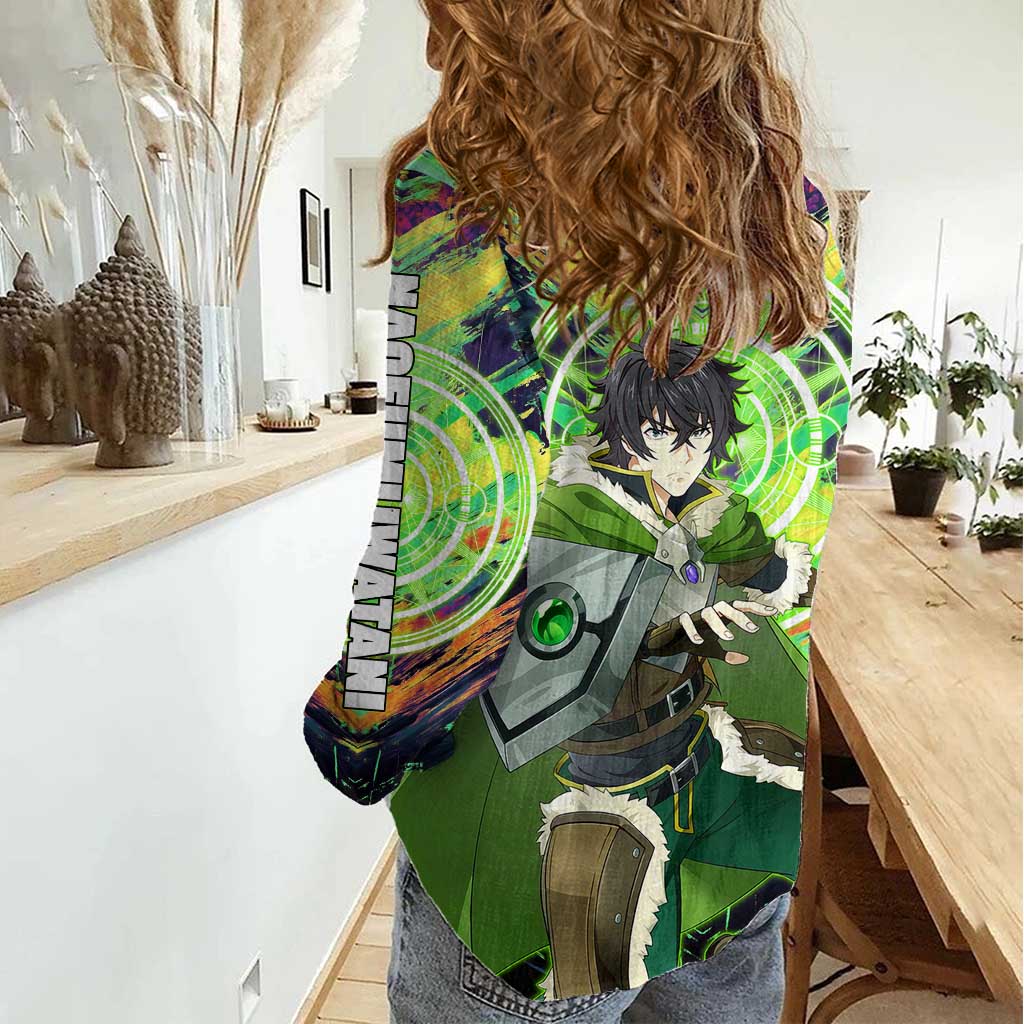 Naofumi The Rising of the Shield Hero Women Casual Shirt with Dynamic Combat Pose and Energy Circles - The Mazicc