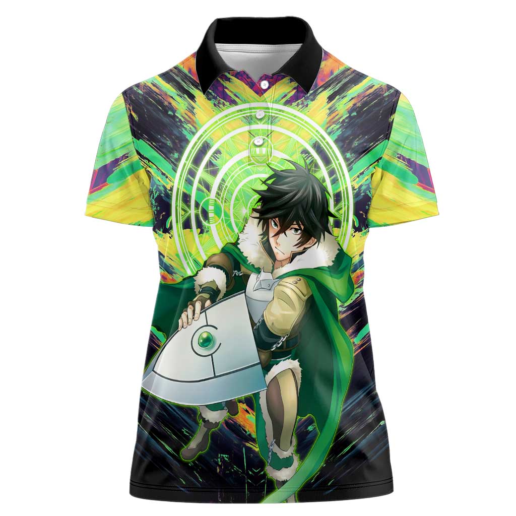 Naofumi The Rising of the Shield Hero Women Polo Shirt with Dynamic Combat Pose and Energy Circles - The Mazicc