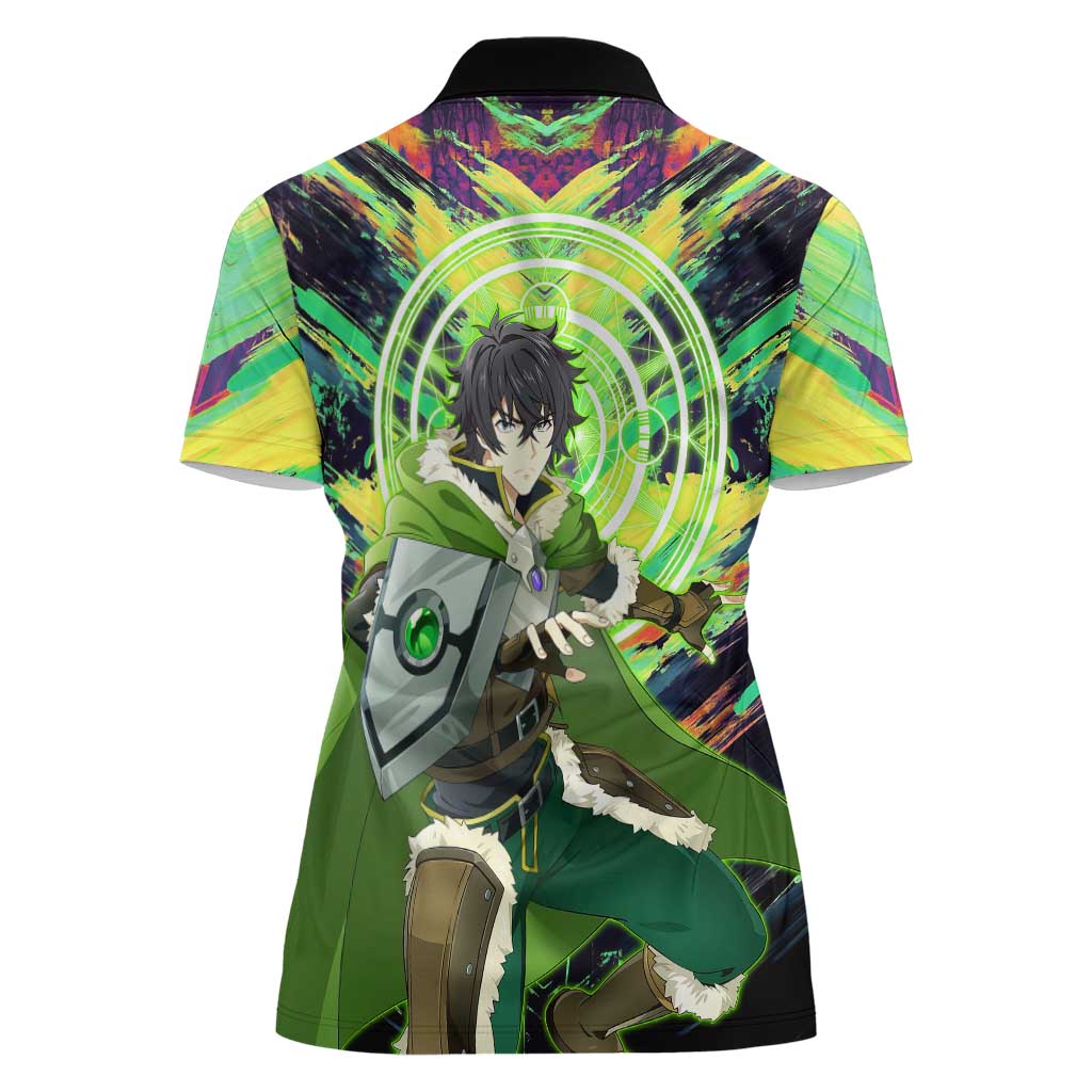 Naofumi The Rising of the Shield Hero Women Polo Shirt with Dynamic Combat Pose and Energy Circles - The Mazicc