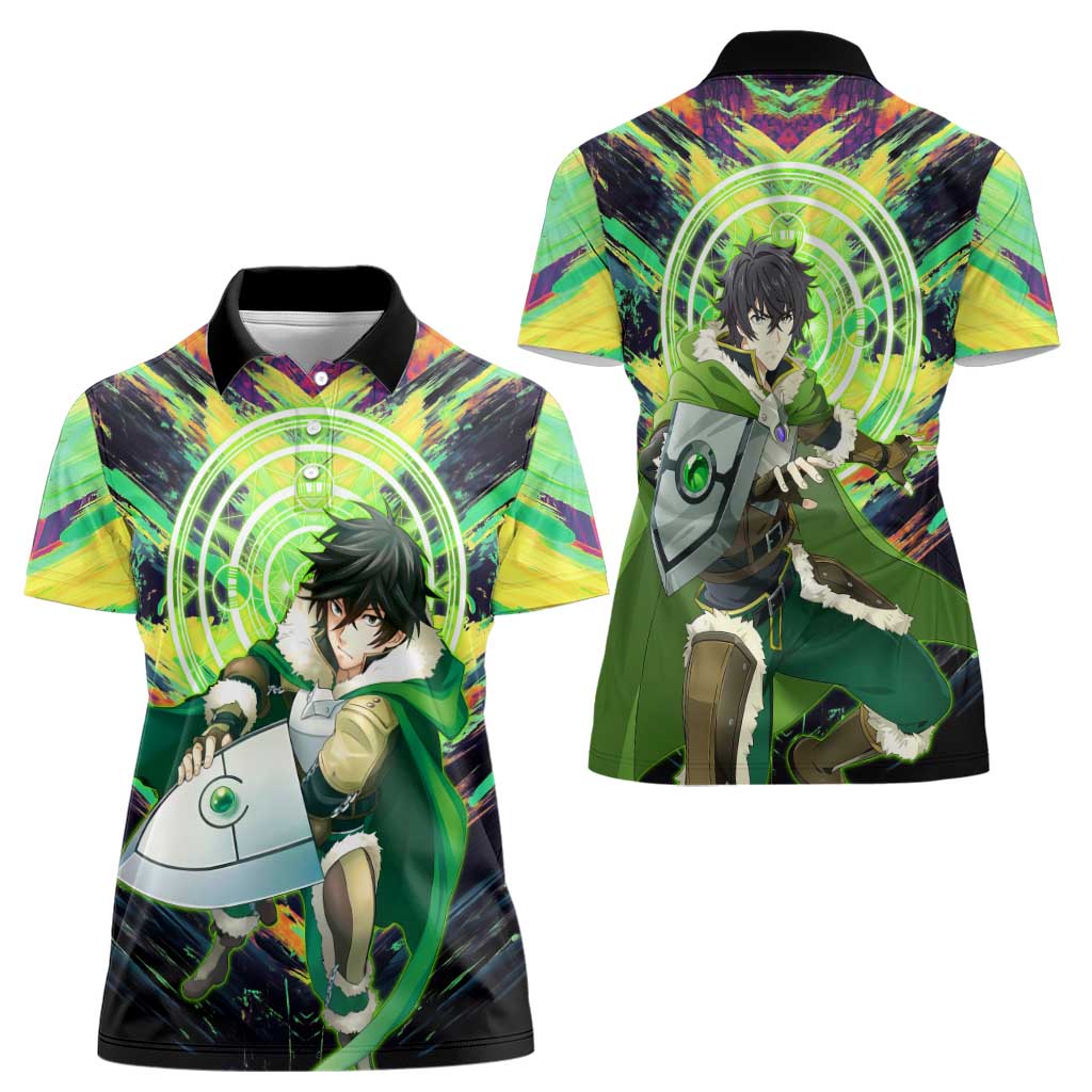 Naofumi The Rising of the Shield Hero Women Polo Shirt with Dynamic Combat Pose and Energy Circles - The Mazicc