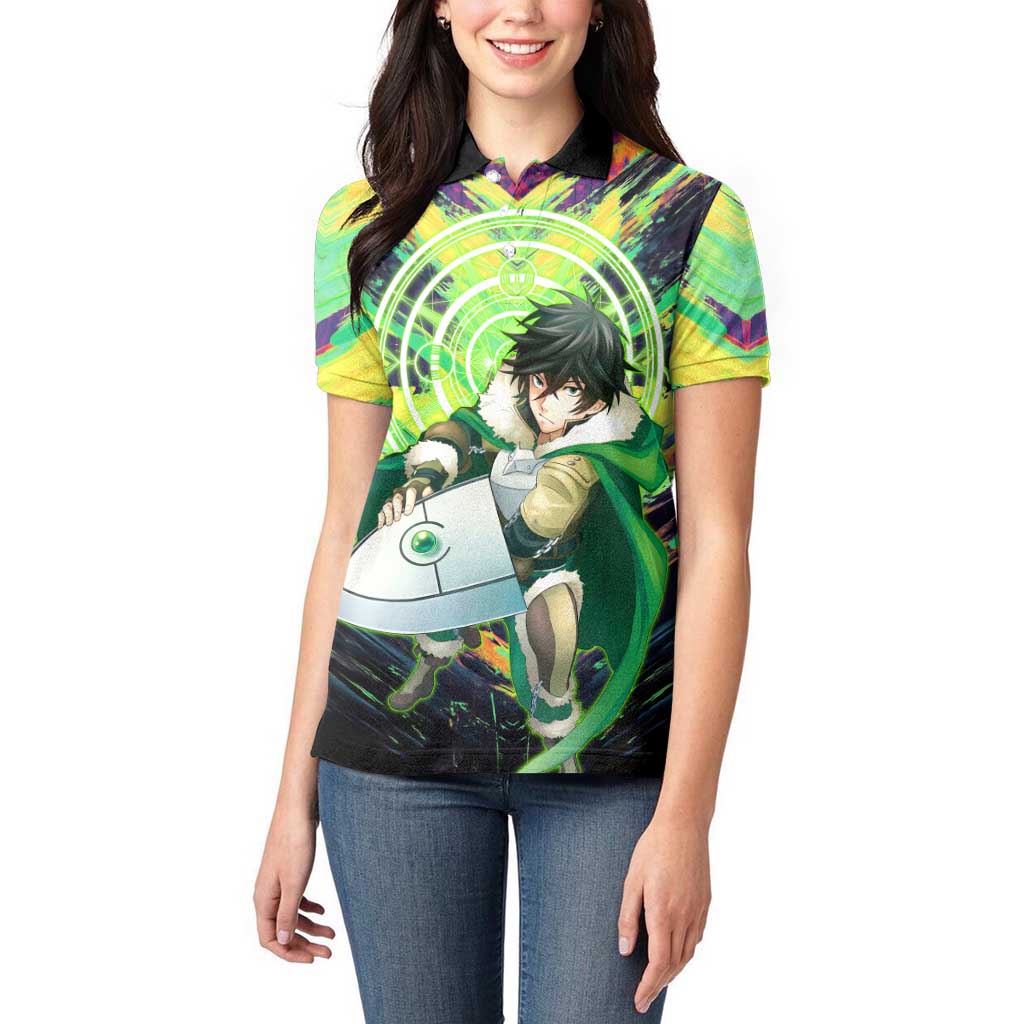 Naofumi The Rising of the Shield Hero Women Polo Shirt with Dynamic Combat Pose and Energy Circles - The Mazicc