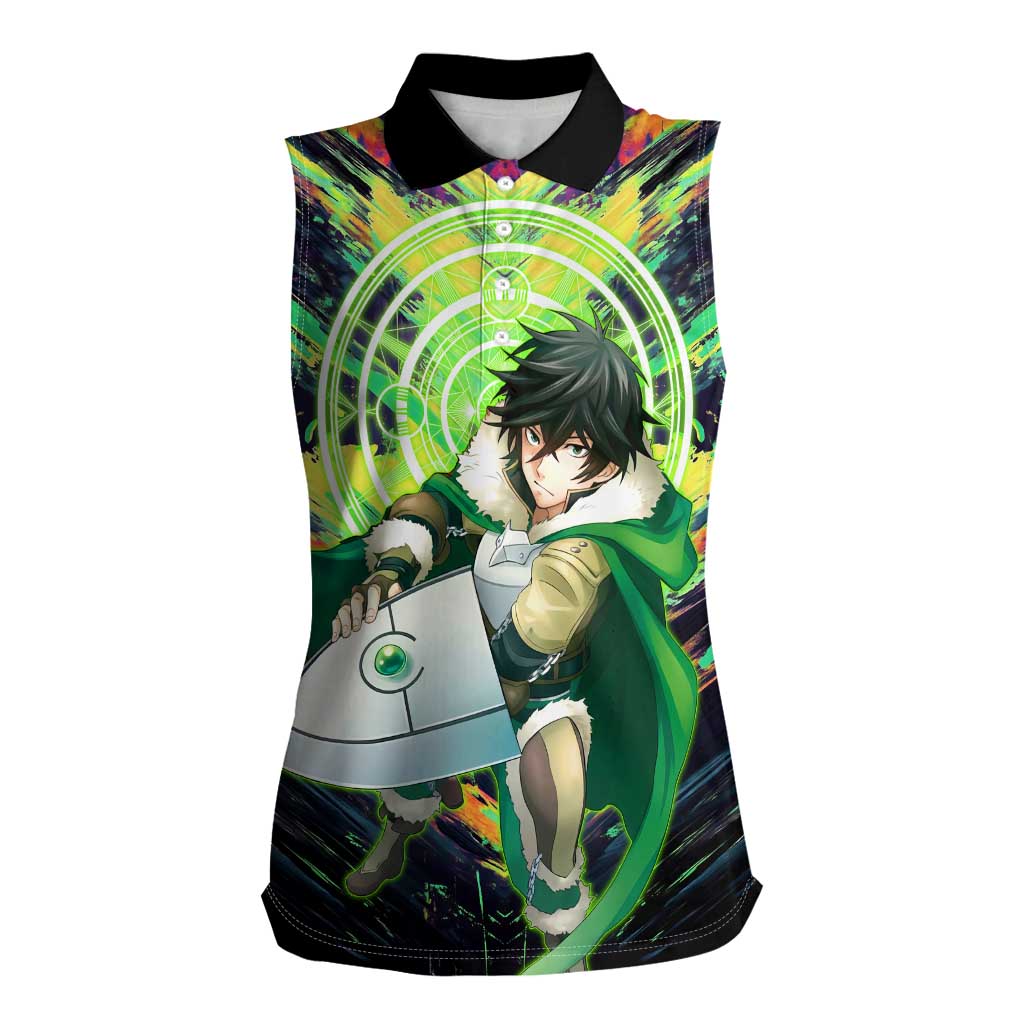 Naofumi The Rising of the Shield Hero Women Sleeveless Polo Shirt with Dynamic Combat Pose and Energy Circles - The Mazicc