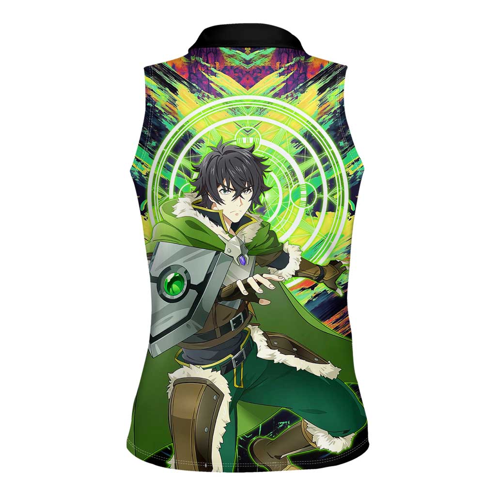 Naofumi The Rising of the Shield Hero Women Sleeveless Polo Shirt with Dynamic Combat Pose and Energy Circles - The Mazicc