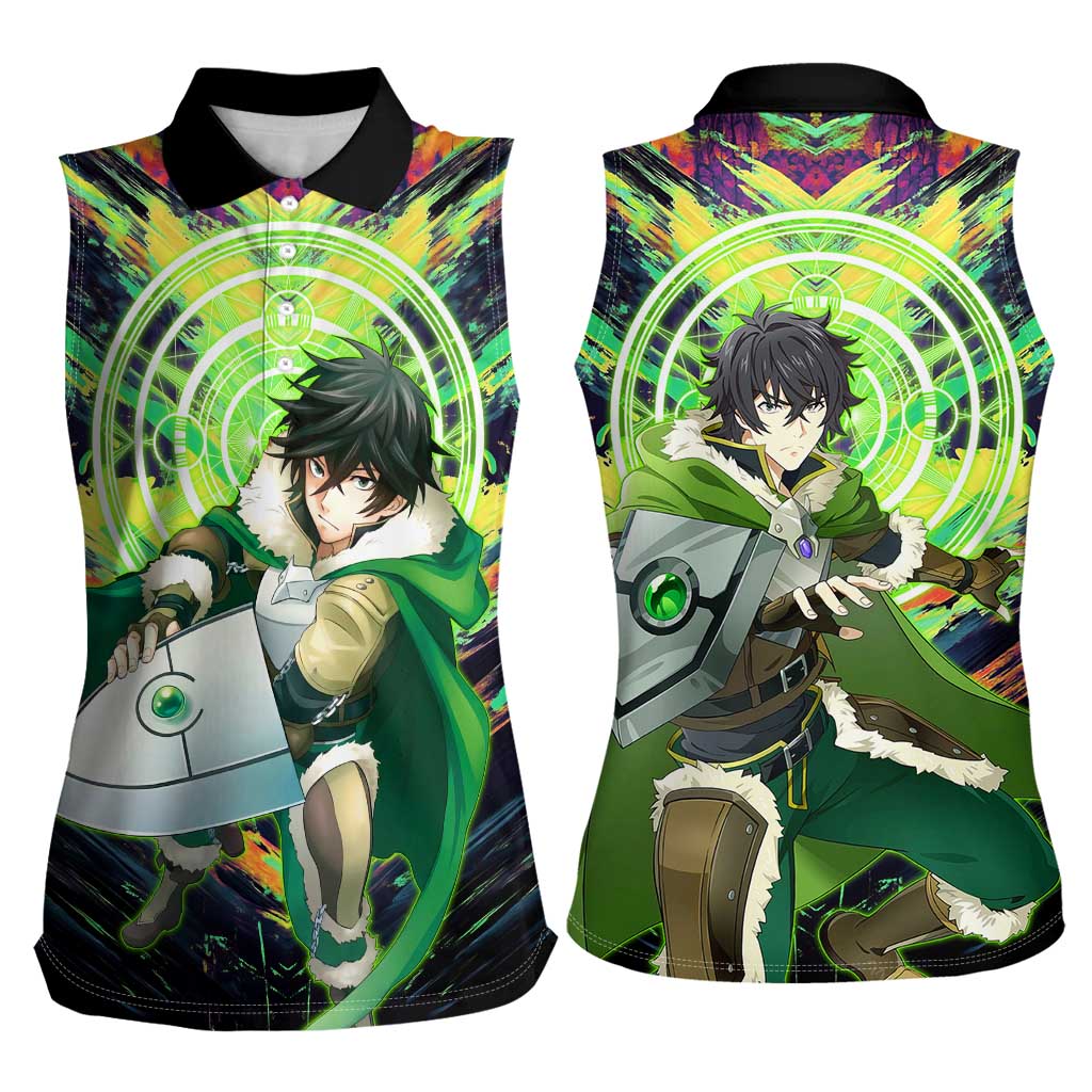 Naofumi The Rising of the Shield Hero Women Sleeveless Polo Shirt with Dynamic Combat Pose and Energy Circles - The Mazicc