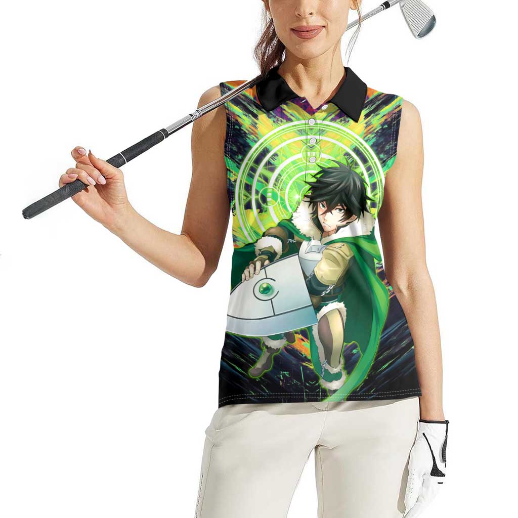 Naofumi The Rising of the Shield Hero Women Sleeveless Polo Shirt with Dynamic Combat Pose and Energy Circles - The Mazicc