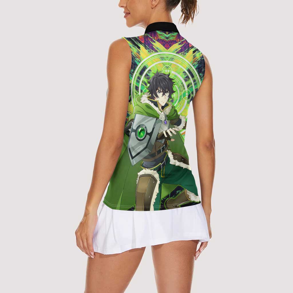 Naofumi The Rising of the Shield Hero Women Sleeveless Polo Shirt with Dynamic Combat Pose and Energy Circles - The Mazicc