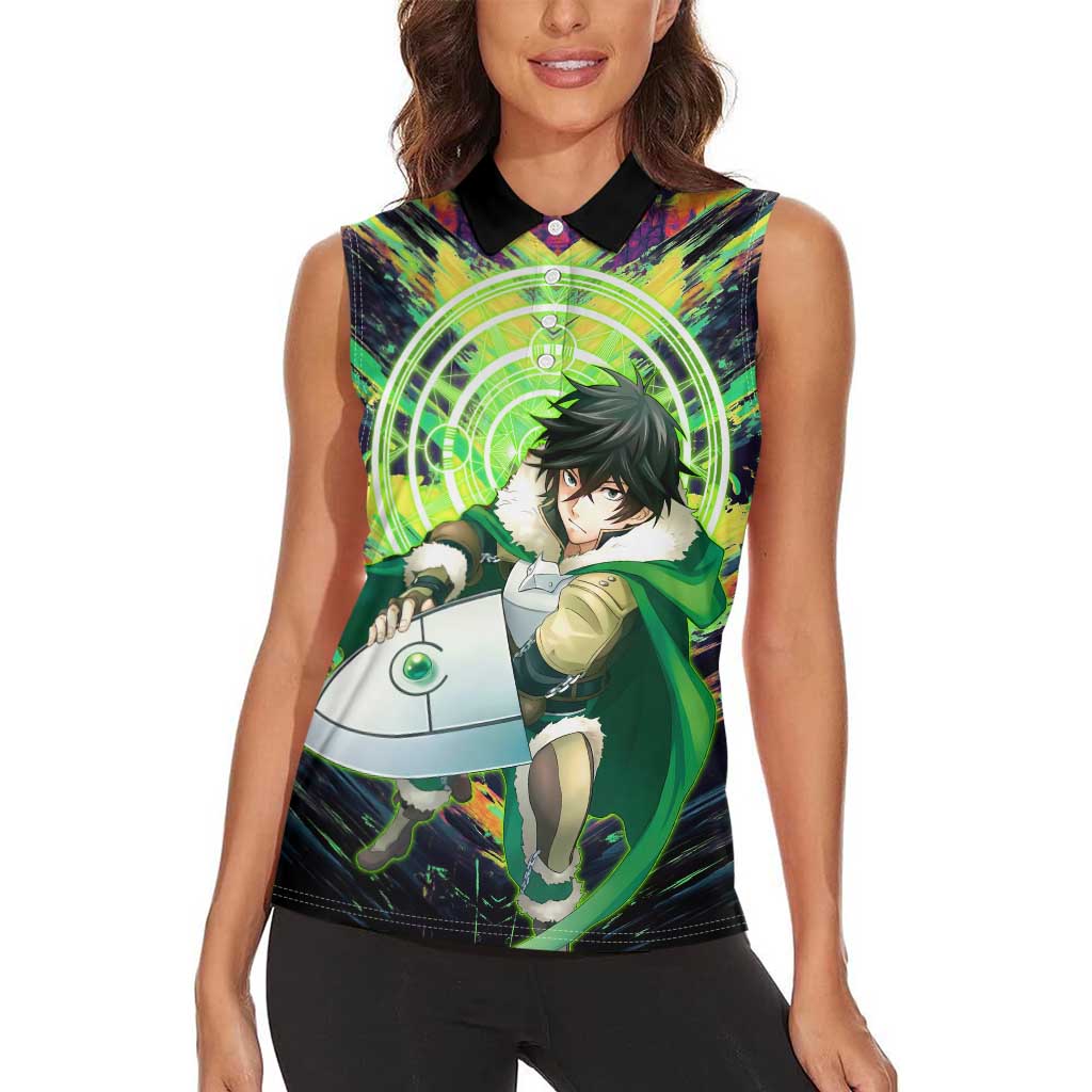 Naofumi The Rising of the Shield Hero Women Sleeveless Polo Shirt with Dynamic Combat Pose and Energy Circles - The Mazicc