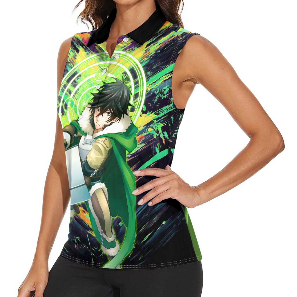 Naofumi The Rising of the Shield Hero Women Sleeveless Polo Shirt with Dynamic Combat Pose and Energy Circles - The Mazicc