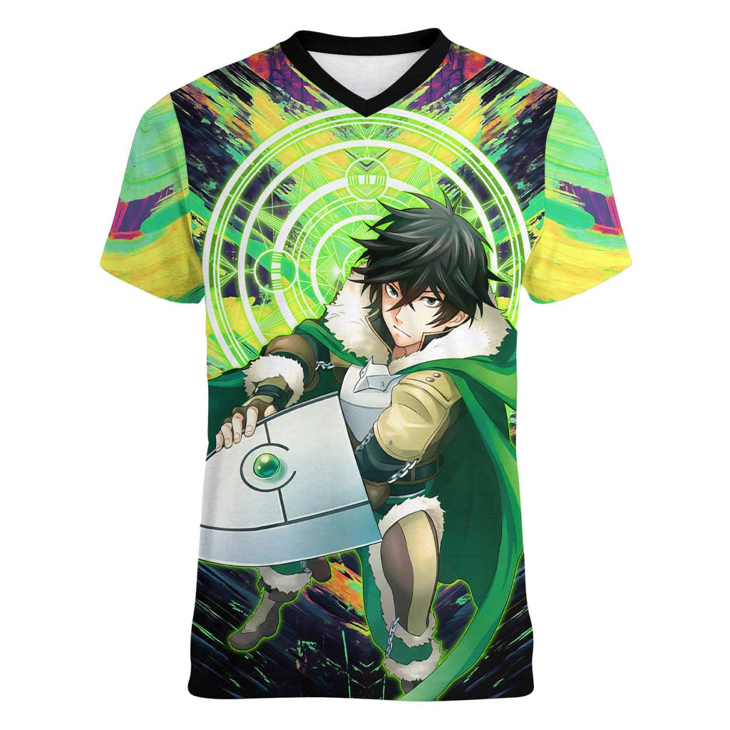 Naofumi The Rising of the Shield Hero Women V-Neck T-Shirt with Dynamic Combat Pose and Energy Circles - The Mazicc