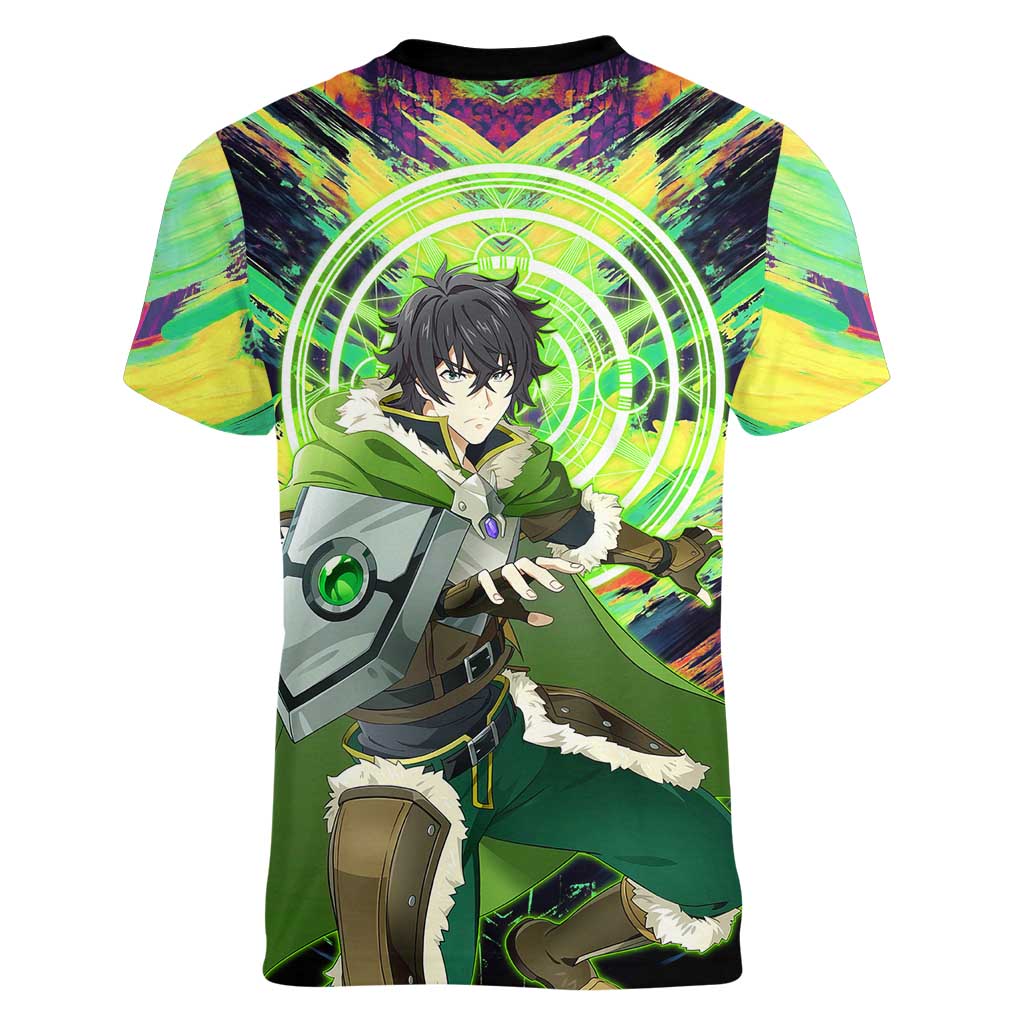 Naofumi The Rising of the Shield Hero Women V-Neck T-Shirt with Dynamic Combat Pose and Energy Circles - The Mazicc
