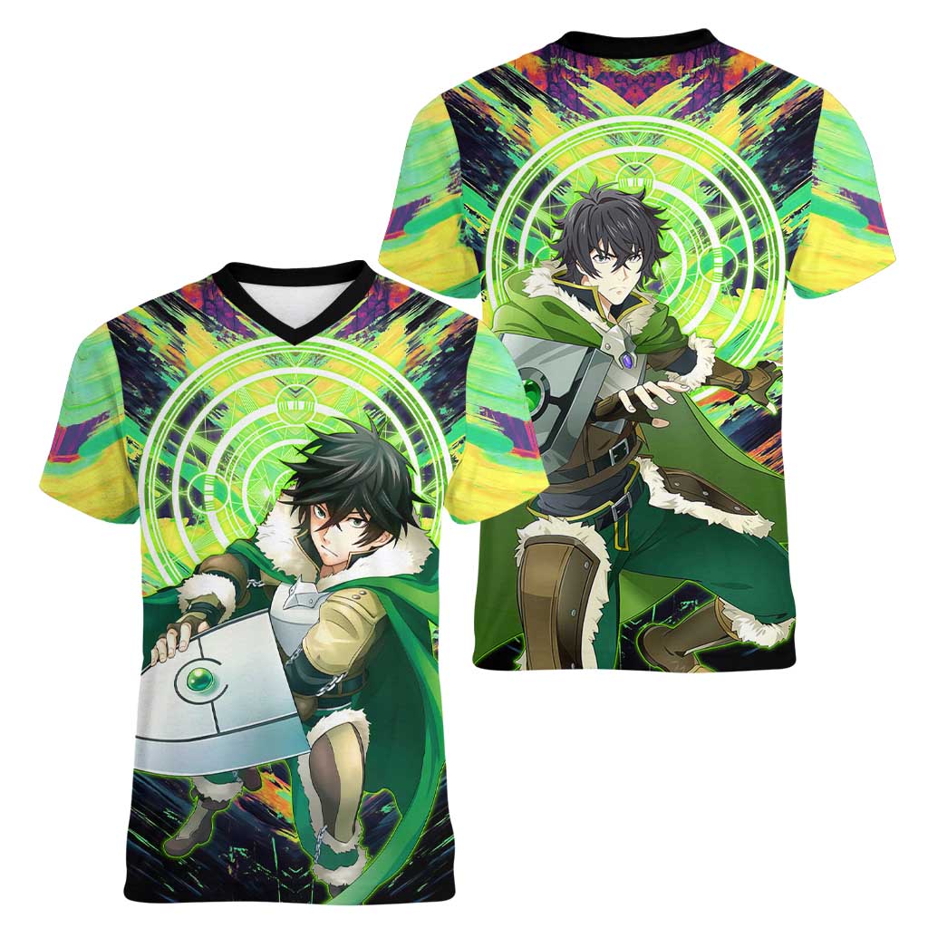Naofumi The Rising of the Shield Hero Women V-Neck T-Shirt with Dynamic Combat Pose and Energy Circles - The Mazicc