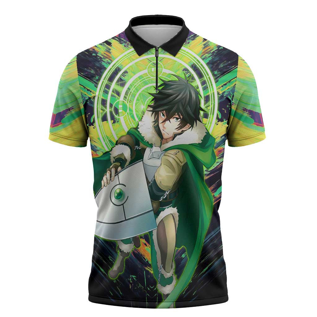 Naofumi The Rising of the Shield Hero Zipper Polo Shirt with Dynamic Combat Pose and Energy Circles - The Mazicc