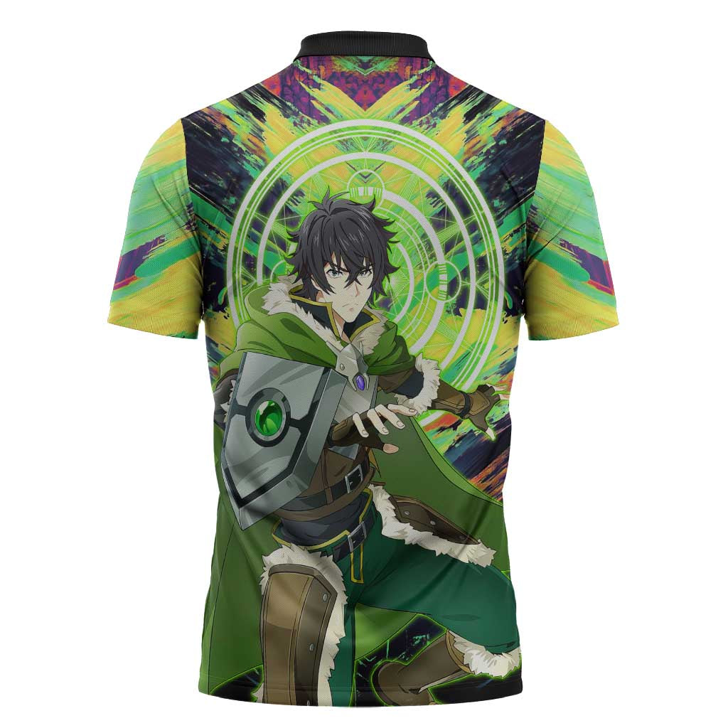 Naofumi The Rising of the Shield Hero Zipper Polo Shirt with Dynamic Combat Pose and Energy Circles - The Mazicc