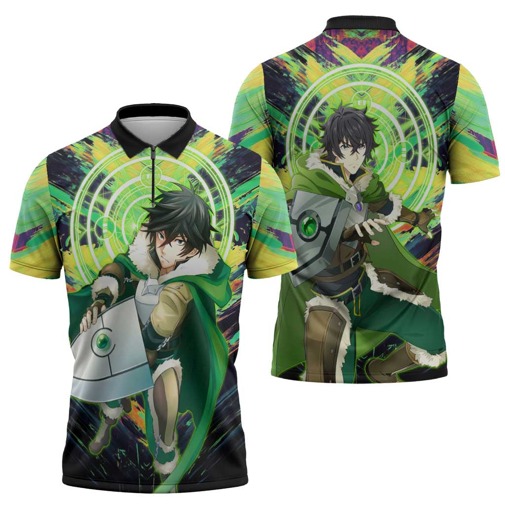 Naofumi The Rising of the Shield Hero Zipper Polo Shirt with Dynamic Combat Pose and Energy Circles - The Mazicc