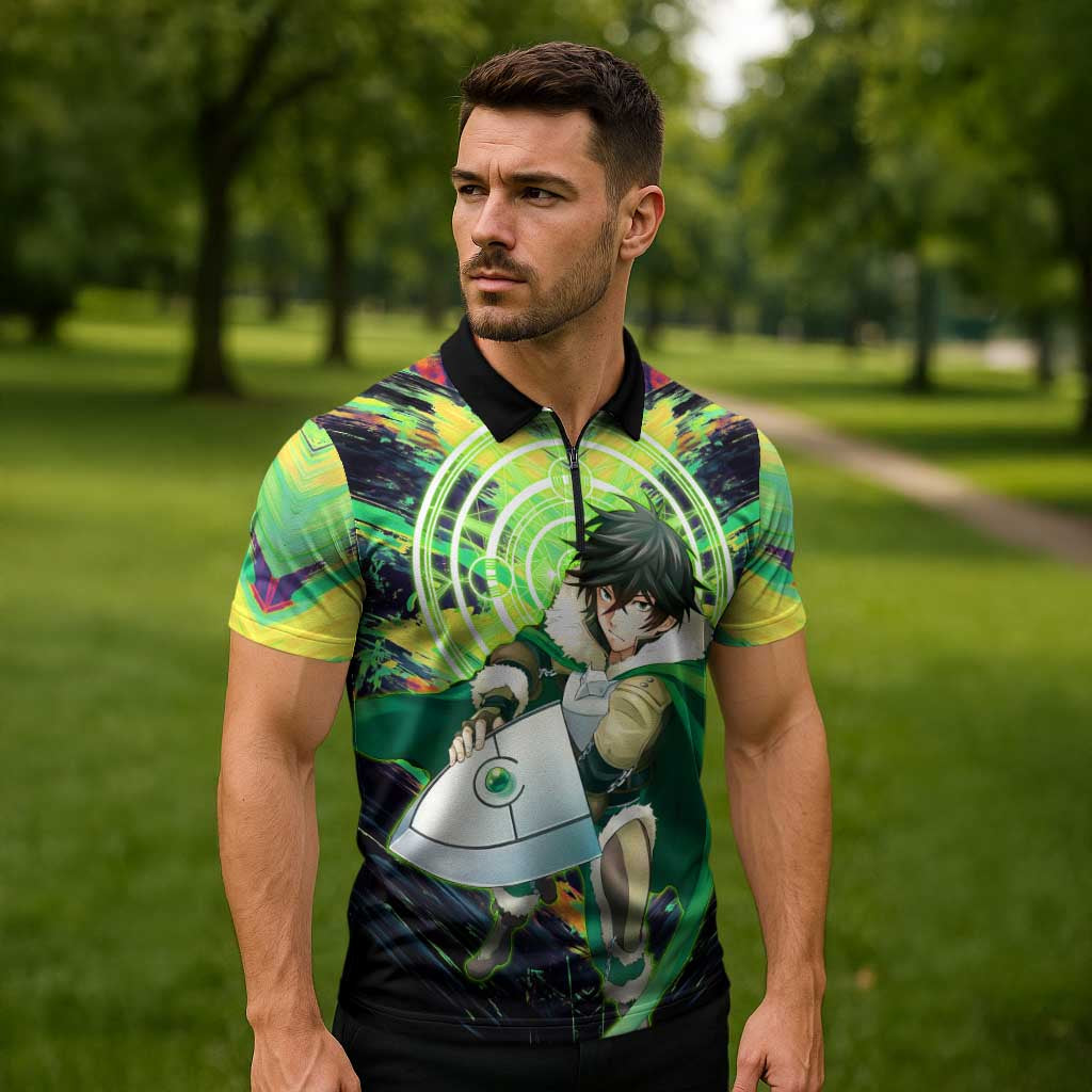 Naofumi The Rising of the Shield Hero Zipper Polo Shirt with Dynamic Combat Pose and Energy Circles - The Mazicc