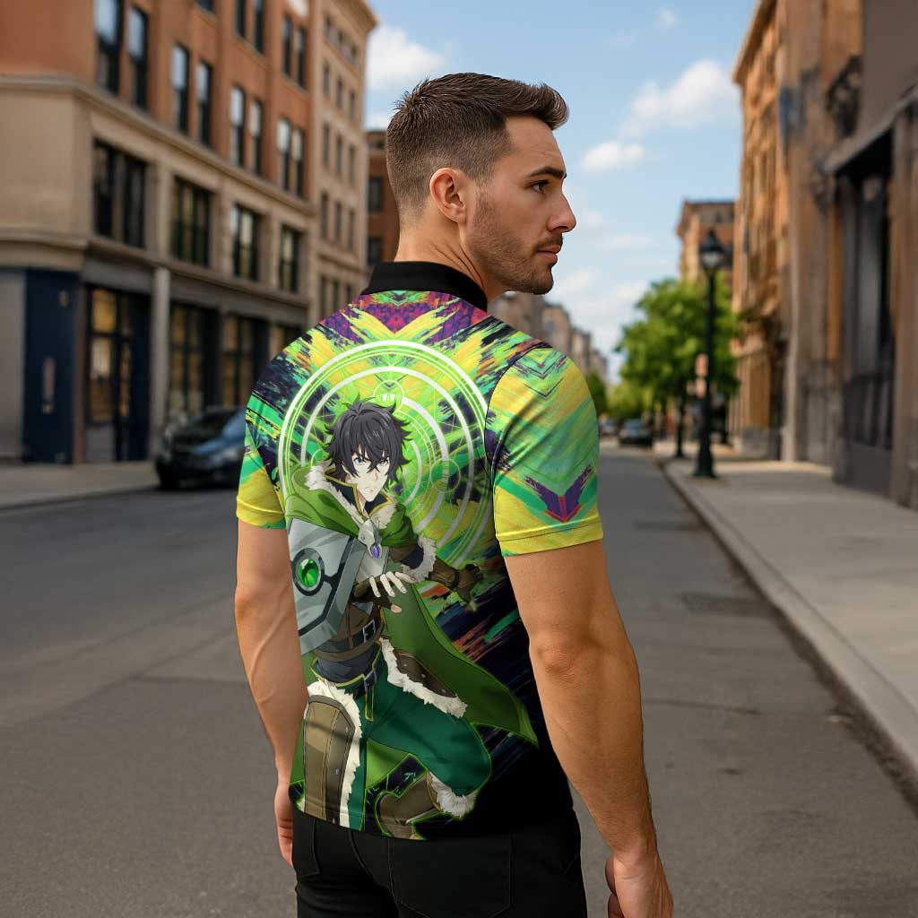 Naofumi The Rising of the Shield Hero Zipper Polo Shirt with Dynamic Combat Pose and Energy Circles - The Mazicc