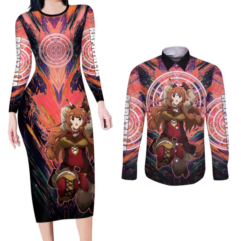 Raphtalia The Rising of the Shield Hero Couples Matching Long Sleeve Bodycon Dress and Long Sleeve Button Shirt with Magical Circle Effects and Energetic Battle Pose - The Mazicc