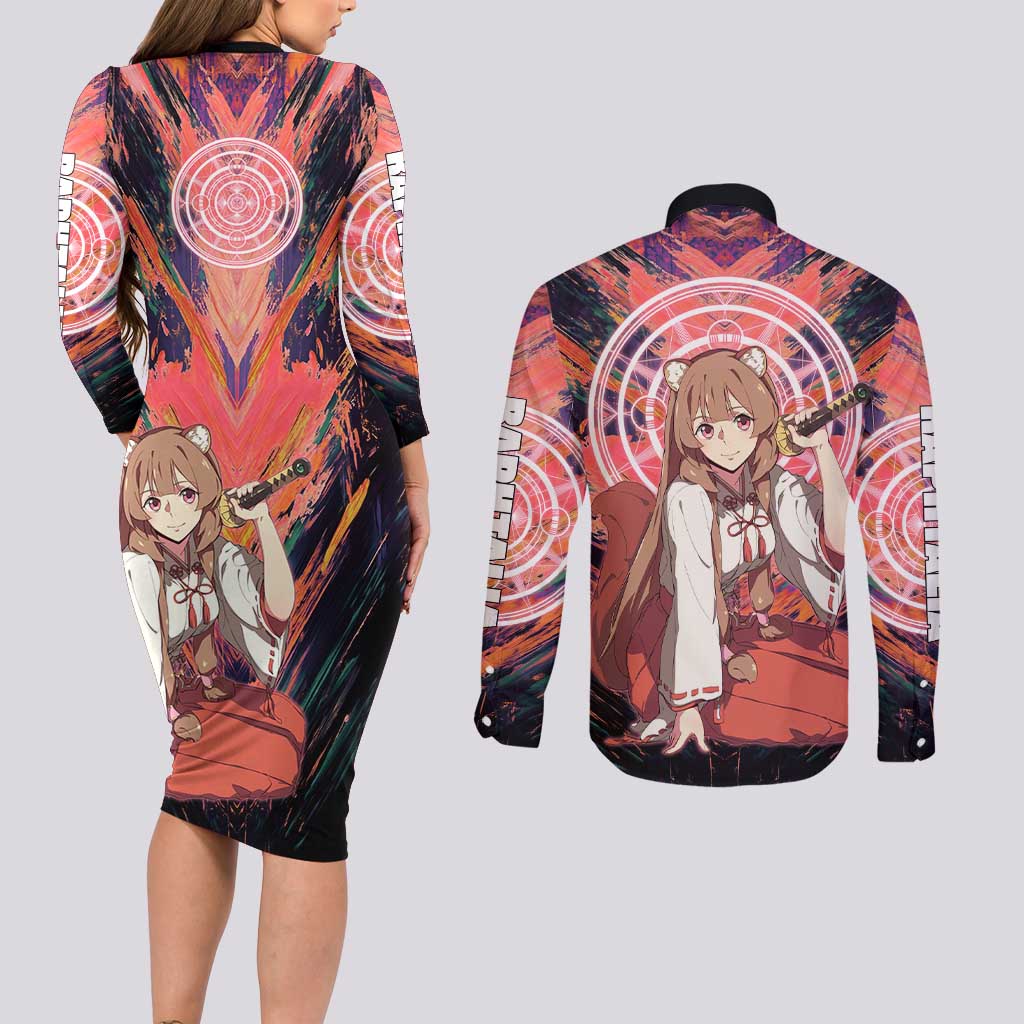 Raphtalia The Rising of the Shield Hero Couples Matching Long Sleeve Bodycon Dress and Long Sleeve Button Shirt with Magical Circle Effects and Energetic Battle Pose - The Mazicc