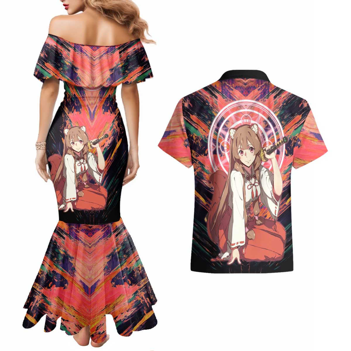 Raphtalia The Rising of the Shield Hero Couples Matching Mermaid Dress and Hawaiian Shirt with Magical Circle Effects and Energetic Battle Pose - The Mazicc