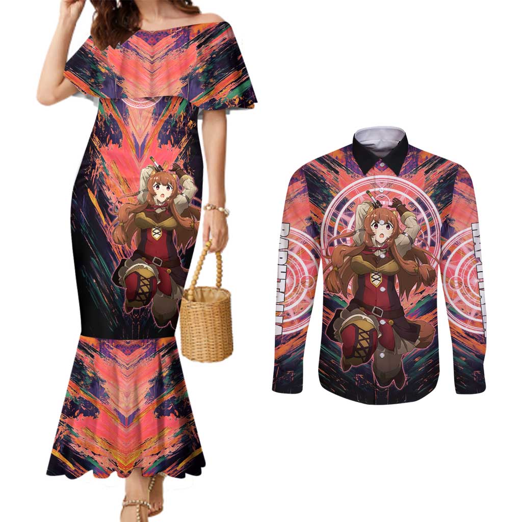 Raphtalia The Rising of the Shield Hero Couples Matching Mermaid Dress and Long Sleeve Button Shirt with Magical Circle Effects and Energetic Battle Pose - The Mazicc