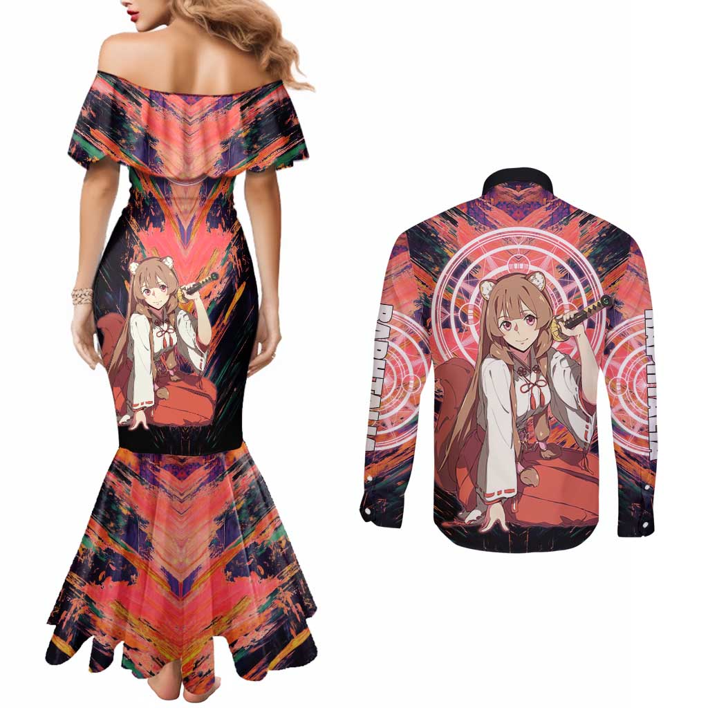Raphtalia The Rising of the Shield Hero Couples Matching Mermaid Dress and Long Sleeve Button Shirt with Magical Circle Effects and Energetic Battle Pose - The Mazicc