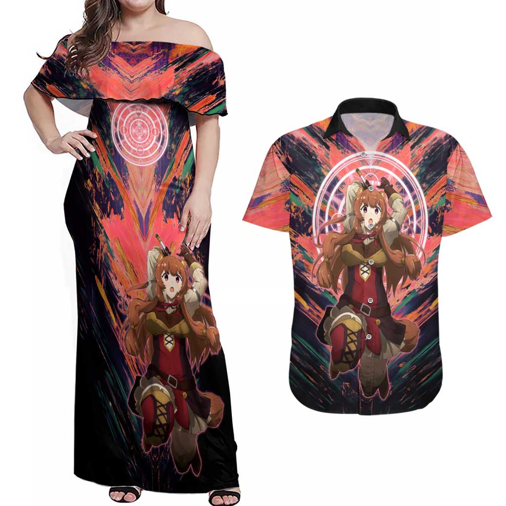 Raphtalia The Rising of the Shield Hero Couples Matching Off Shoulder Maxi Dress and Hawaiian Shirt with Magical Circle Effects and Energetic Battle Pose - The Mazicc