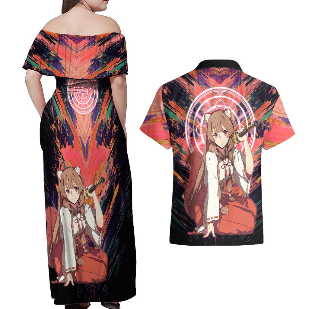 Raphtalia The Rising of the Shield Hero Couples Matching Off Shoulder Maxi Dress and Hawaiian Shirt with Magical Circle Effects and Energetic Battle Pose - The Mazicc