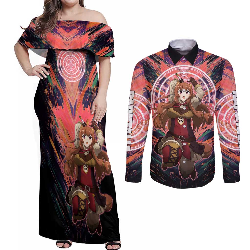Raphtalia The Rising of the Shield Hero Couples Matching Off Shoulder Maxi Dress and Long Sleeve Button Shirt with Magical Circle Effects and Energetic Battle Pose - The Mazicc