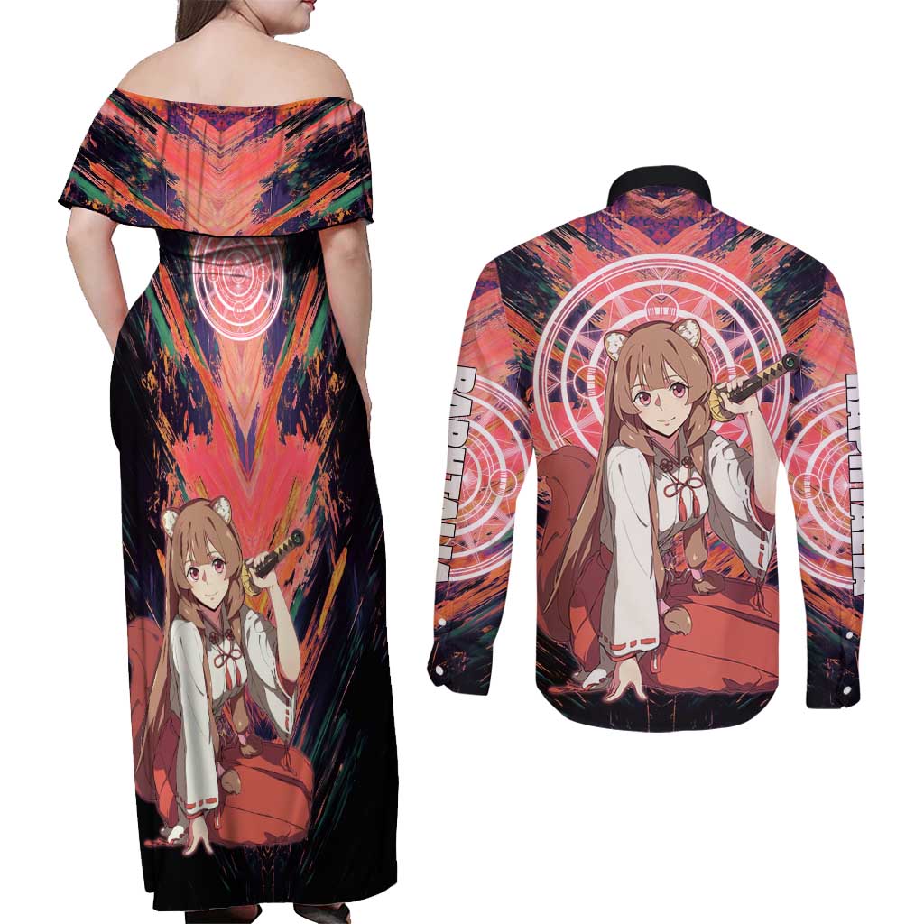 Raphtalia The Rising of the Shield Hero Couples Matching Off Shoulder Maxi Dress and Long Sleeve Button Shirt with Magical Circle Effects and Energetic Battle Pose - The Mazicc