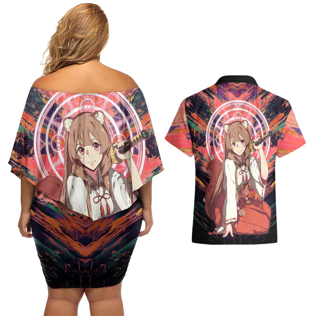 Raphtalia The Rising of the Shield Hero Couples Matching Off Shoulder Short Dress and Hawaiian Shirt with Magical Circle Effects and Energetic Battle Pose - The Mazicc