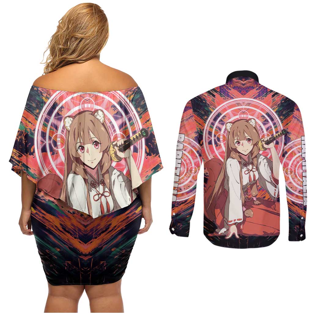 Raphtalia The Rising of the Shield Hero Couples Matching Off Shoulder Short Dress and Long Sleeve Button Shirt with Magical Circle Effects and Energetic Battle Pose - The Mazicc