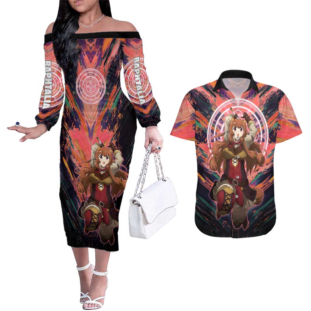 Raphtalia The Rising of the Shield Hero Couples Matching Off The Shoulder Long Sleeve Dress and Hawaiian Shirt with Magical Circle Effects and Energetic Battle Pose - The Mazicc