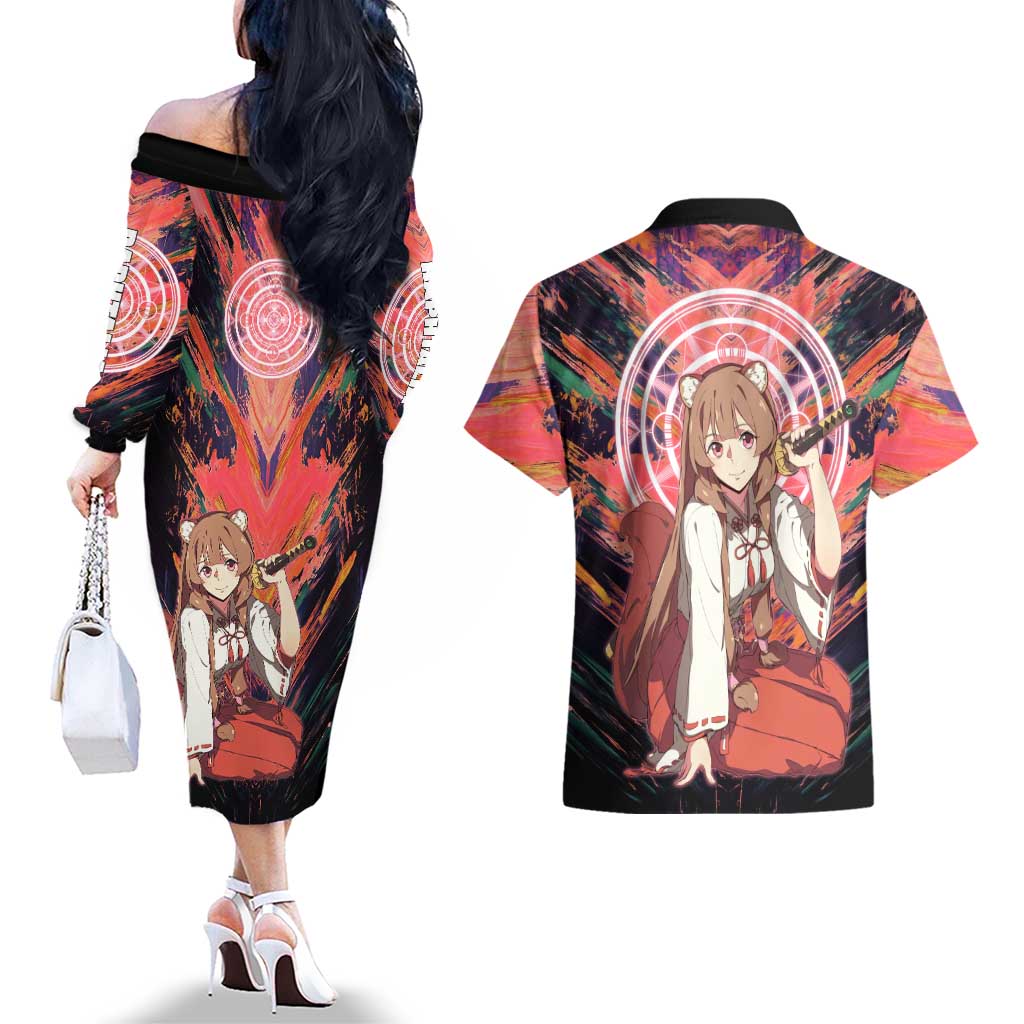 Raphtalia The Rising of the Shield Hero Couples Matching Off The Shoulder Long Sleeve Dress and Hawaiian Shirt with Magical Circle Effects and Energetic Battle Pose - The Mazicc