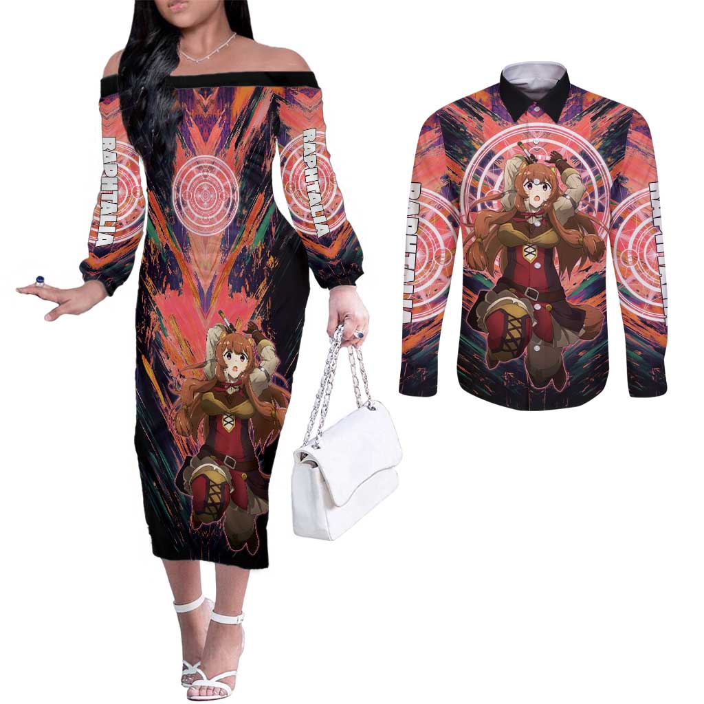 Raphtalia The Rising of the Shield Hero Couples Matching Off The Shoulder Long Sleeve Dress and Long Sleeve Button Shirt with Magical Circle Effects and Energetic Battle Pose - The Mazicc
